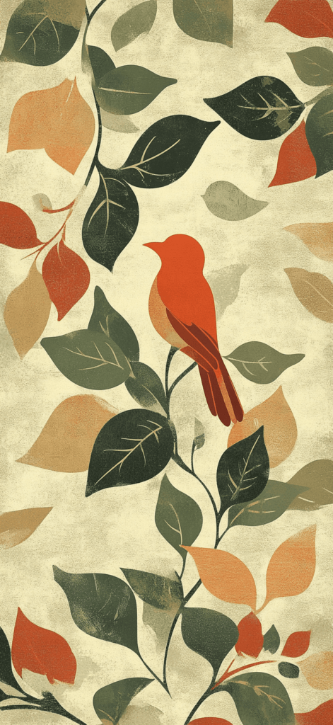 natural colored leaves with a burnt orange bird