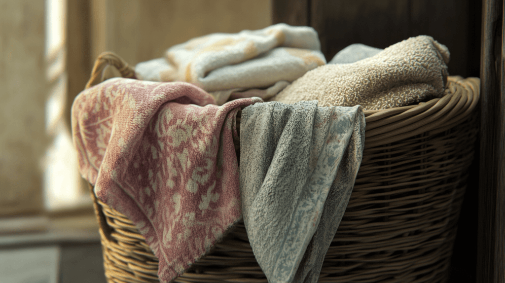 laundry basket with clothes and towels; home organization