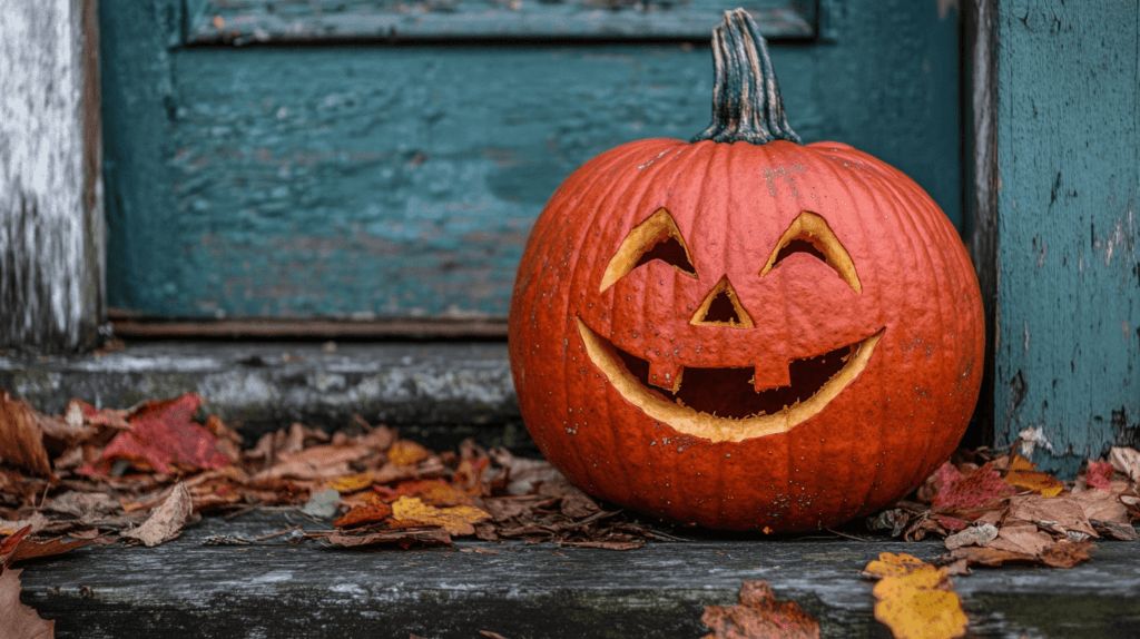 winking pumpkin smiling on a porch with fall leaves