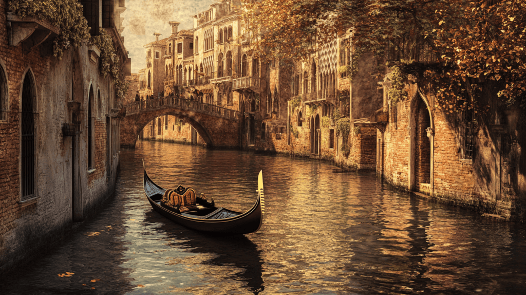 Realistic photo of a gondola gliding through a canal in Venice with historic buildings lining the water. Travel destinations