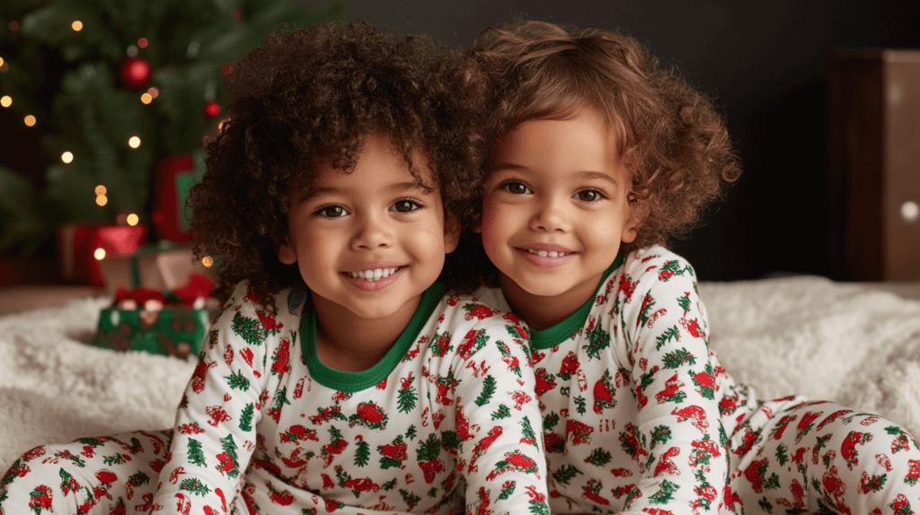 two young children in matching Christmas pajamas