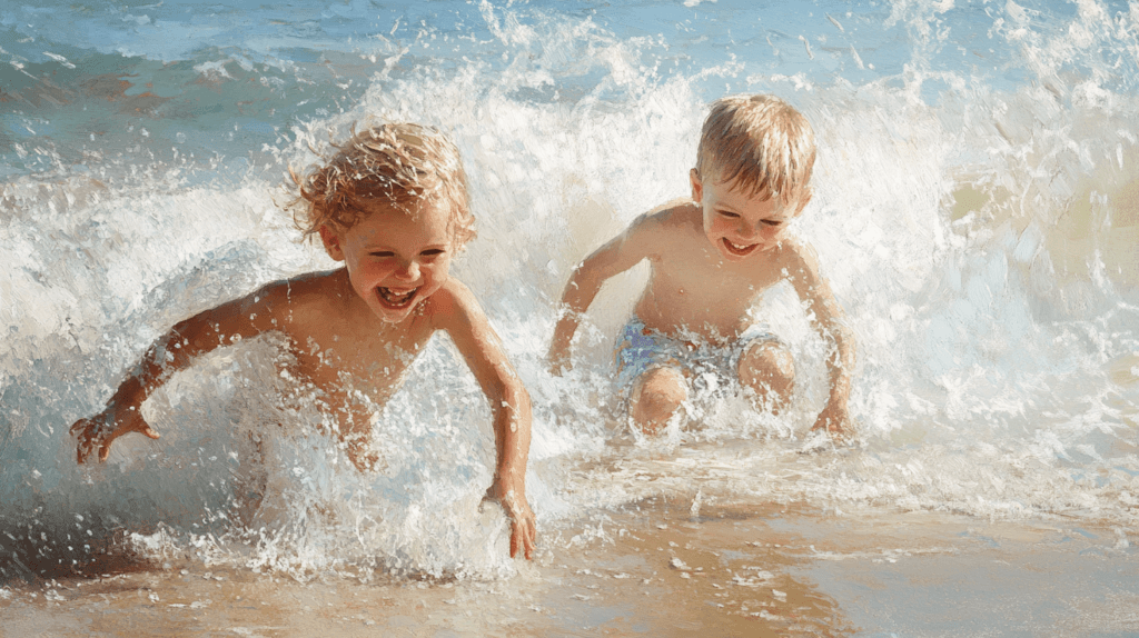 Realistic photo of young children playing on a beach, laughing and splashing as they enjoy the waves, capturing the carefree spirit of travel with kids.

