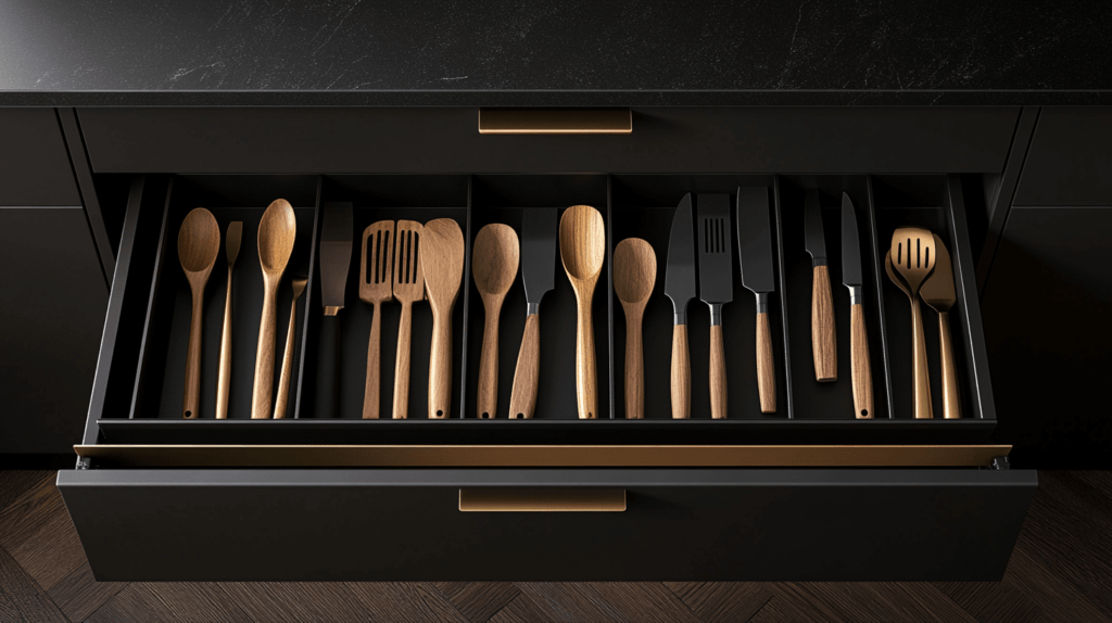 drawer with dividers in kitchen with wooden spoons and knives