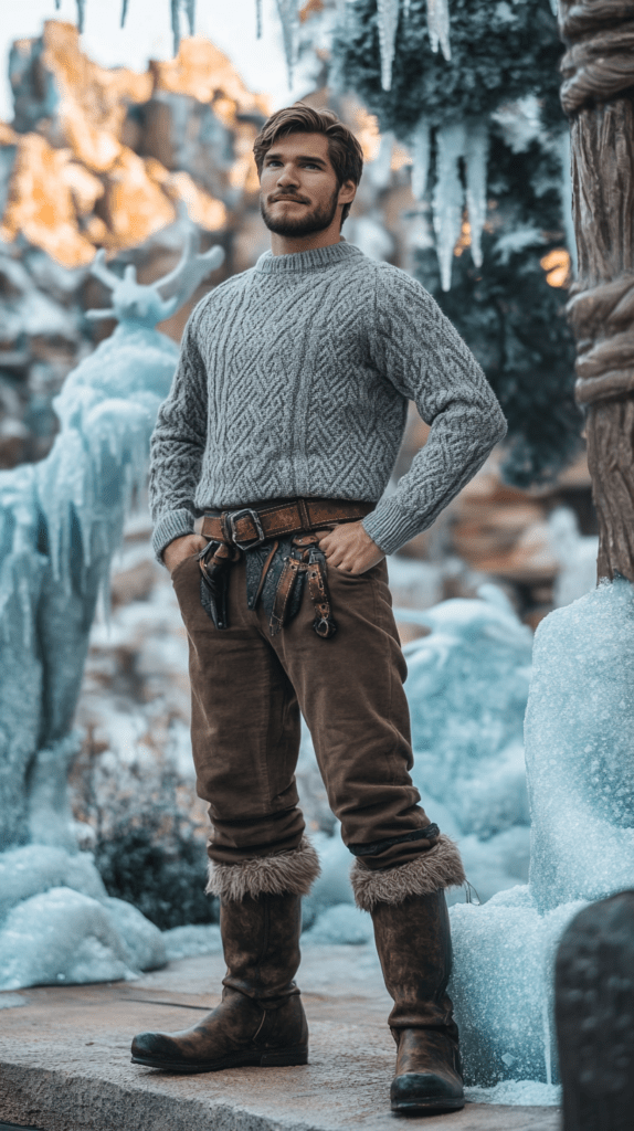 Realistic photo of a man at Disney parks, Disney bounding as Kristoff. He is dressed in a gray sweater, brown pants, and boots, with a thick belt. He’s standing near the Frozen Ever After ride, with icy sculptures and wintery elements around him. 