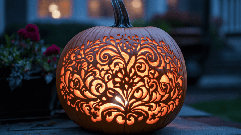 intricate lace design carved into a jack-o-lantern