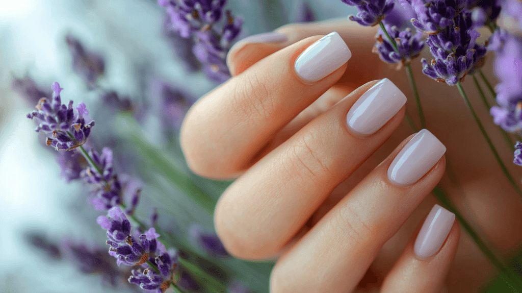 light lavender nails with real lavender close to the female hand; nail colors