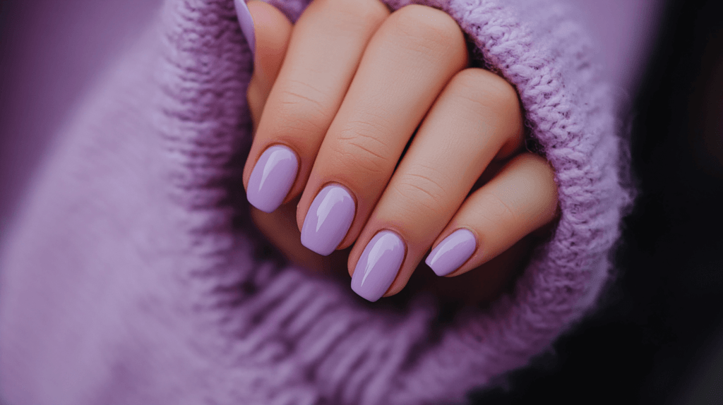 A close-up of a female hand with a fresh lavender manicure, nails are short and neatly shaped.
