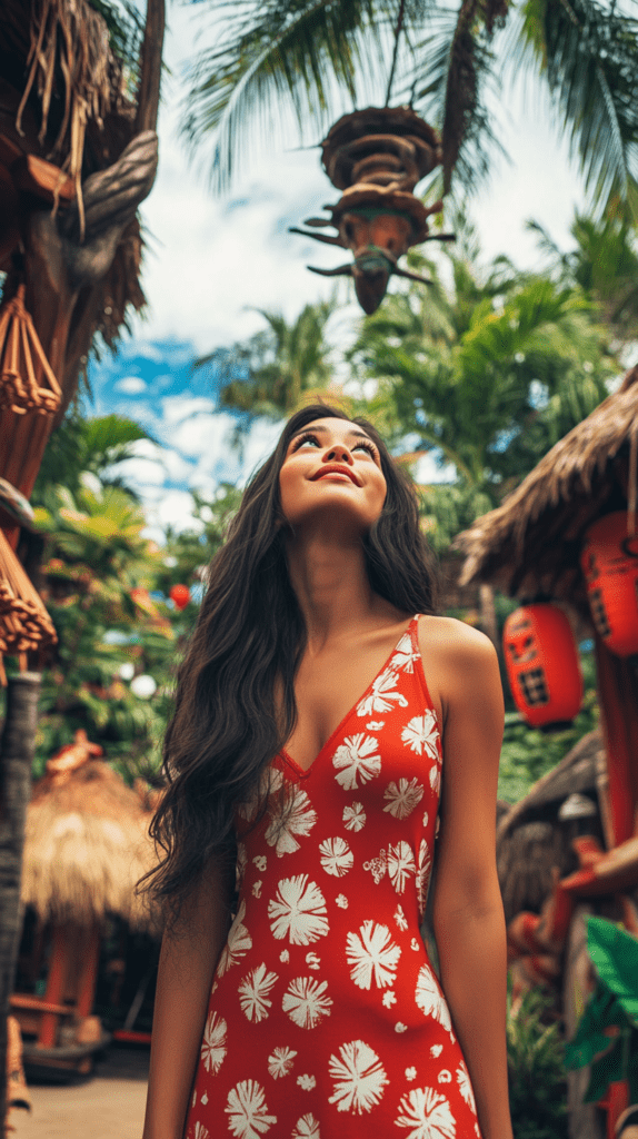 Realistic photo of a woman at Disney parks, Disney bounding as Lilo. She’s wearing a red dress with white flower prints, posing next to a lush, tropical section of Adventureland, with palm trees and tiki decorations surrounding her. Disney bounds.