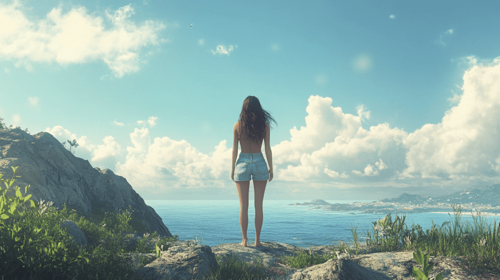 Realistic photo of a woman standing on a scenic overlook with her back to the camera, gazing out over a valley, creating a contemplative and artistic moment.

