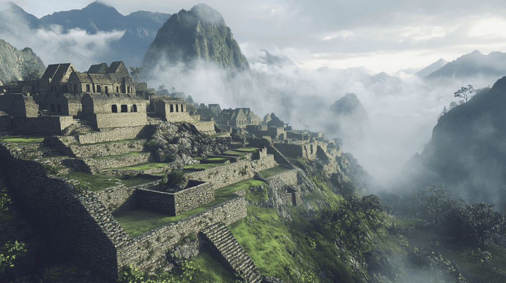 Realistic photo of Machu Picchu at sunrise with mist rising over the ancient Inca ruins.
