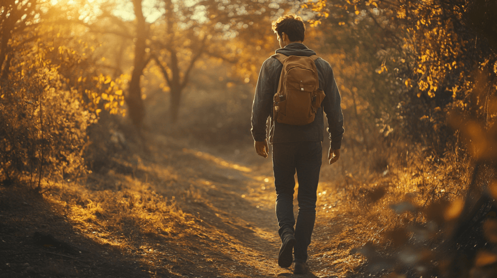 Realistic photo of a man in a rugged outfit, walking along a wooded trail with trees and sunlight filtering through, highlighting his relaxed and stylish look. travel photography ideas

