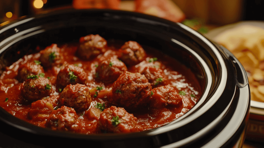 Realistic photo of warm meatballs in marinara sauce inside a crockpot, with a serving spoon resting on the edge.

