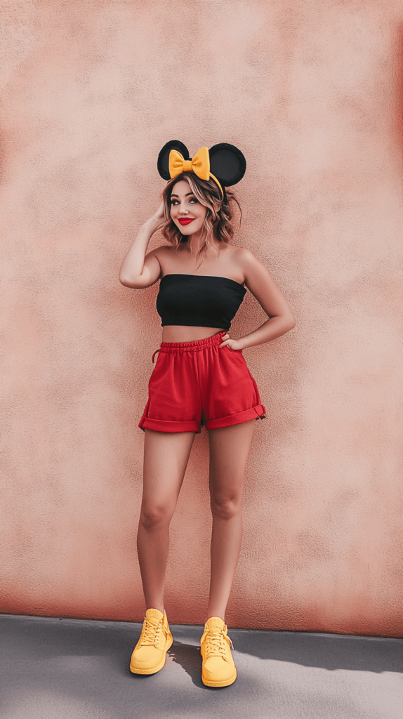 A casual Disney bound outfit inspired by Minnie Mouse, featuring a woman wearing red shorts, a black top, yellow shoes, and Minnie Mouse ears with a playful and modern style. The background is a light, neutral color, keeping the focus on the outfit.