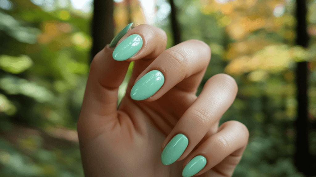 mint green manicure on a female hand, outside, trees blurred in back