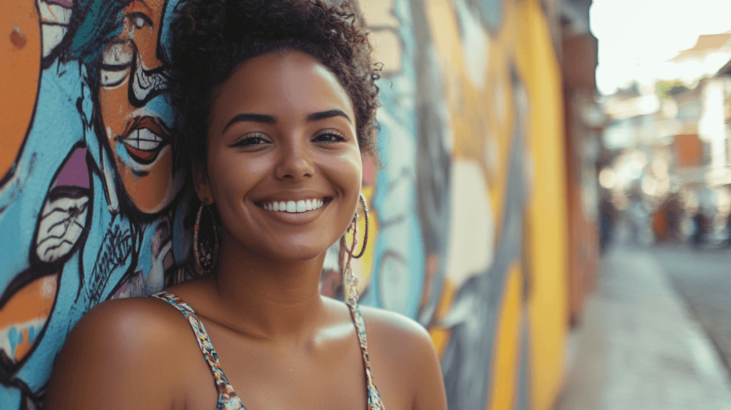 Realistic photo of a woman standing next to a colorful mural on a city street, smiling casually, with the urban landscape visible in the background. travel photography ideas

