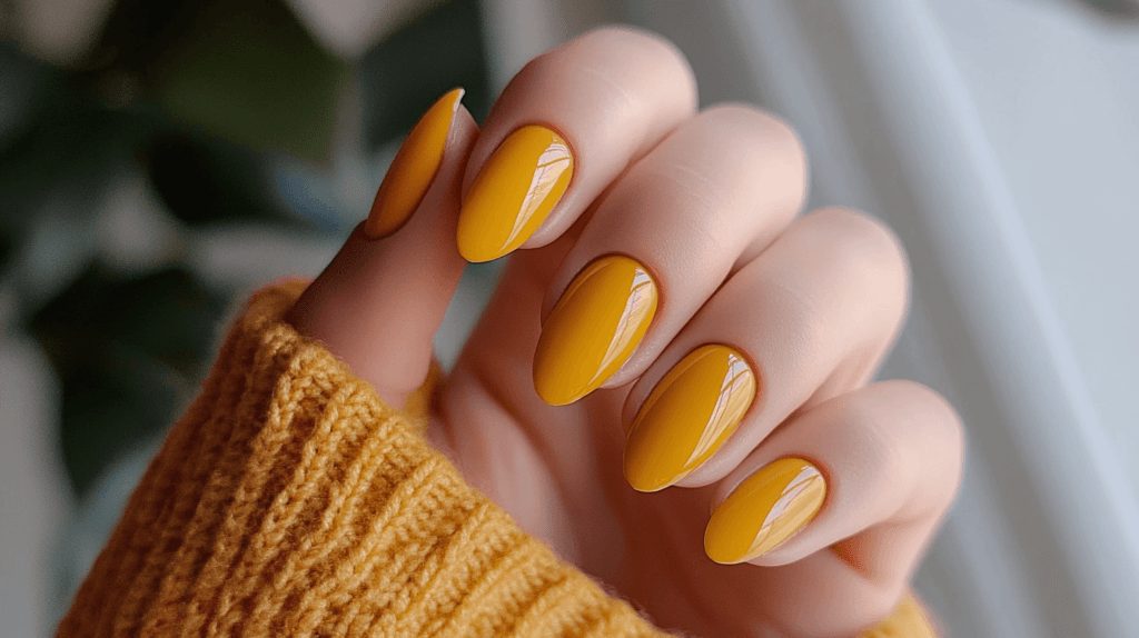 A mustard yellow manicure on a female hand, nails are short and rounded.
