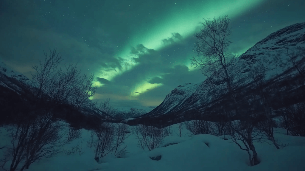 Realistic photo of the Northern Lights in Norway illuminating the sky over a snowy mountain landscape.
