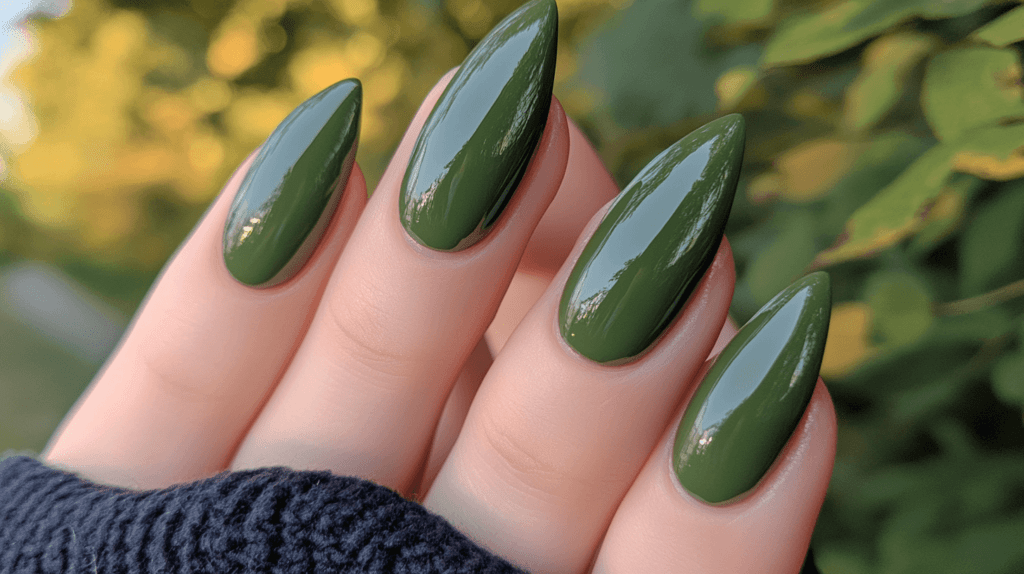 An olive green manicure on a female hand, nails are almond-shaped and glossy.
