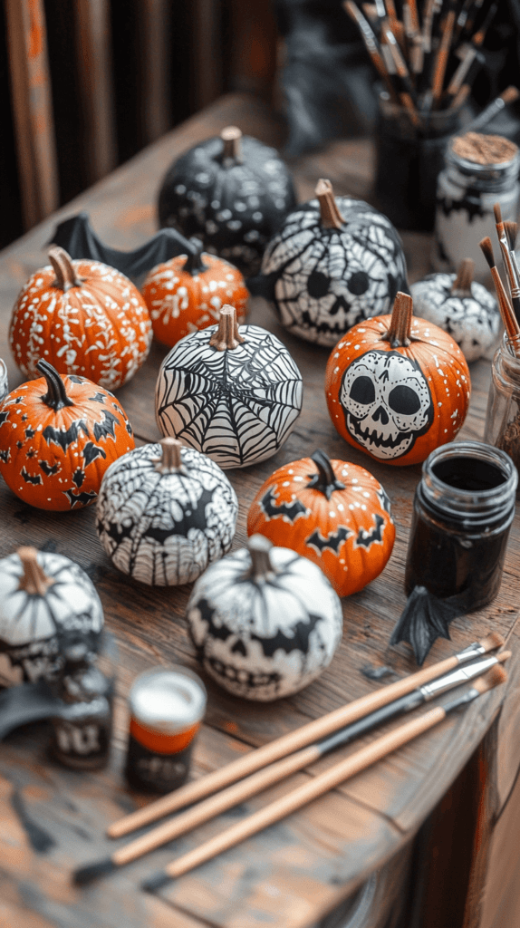 realistic photo of hand-painted mini pumpkins with intricate designs, including spiderwebs, skulls, and bats, arranged on a wooden table; Halloween crafting