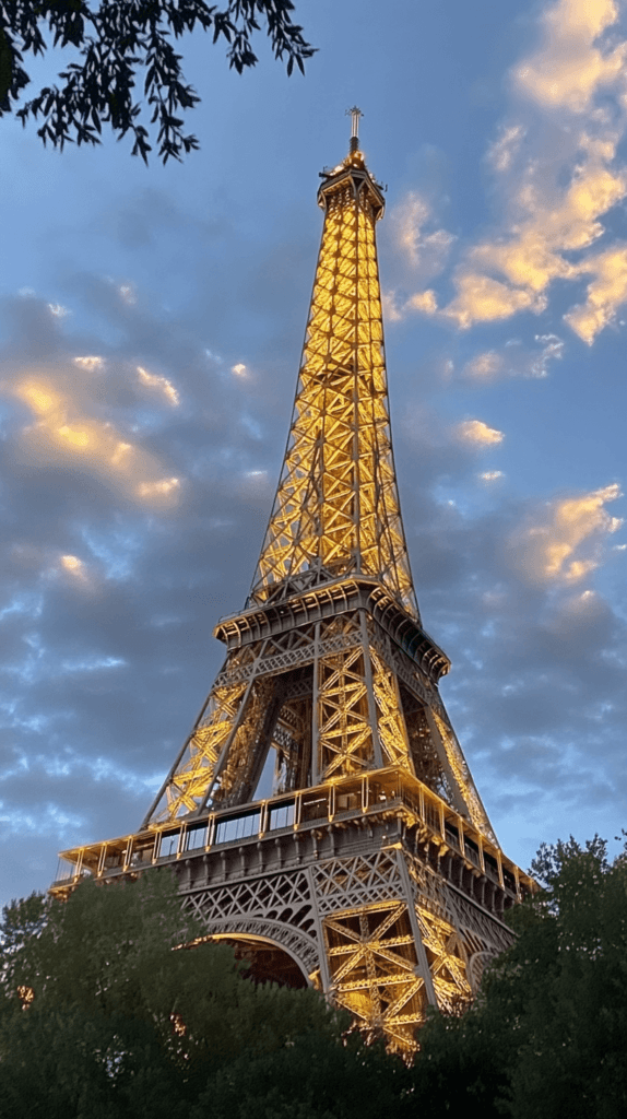 Realistic photo of the Eiffel Tower in Paris with golden light and soft clouds in the background. Travel destinations
