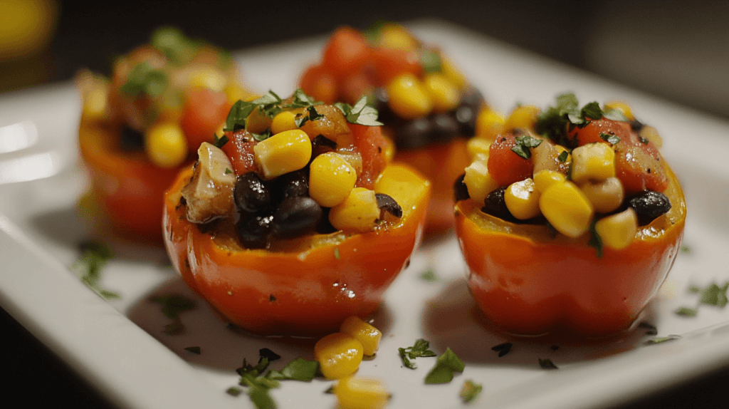 Realistic photo of stuffed mini bell peppers filled with black beans, corn, and salsa on a white plate.

