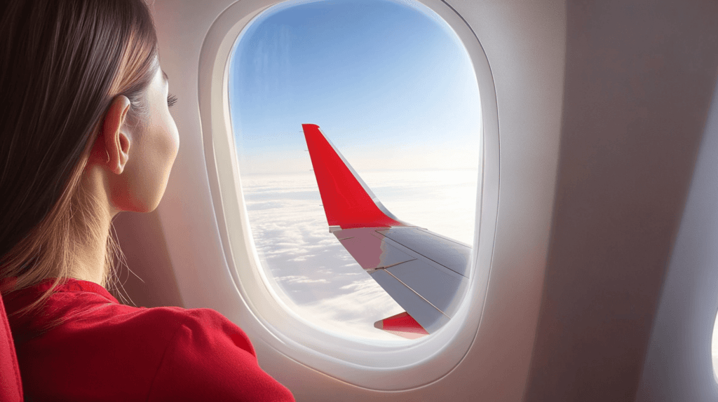 Realistic photo of a person looking out of an airplane window, with the plane wing and blue sky visible, capturing a moment of anticipation mid-flight.

