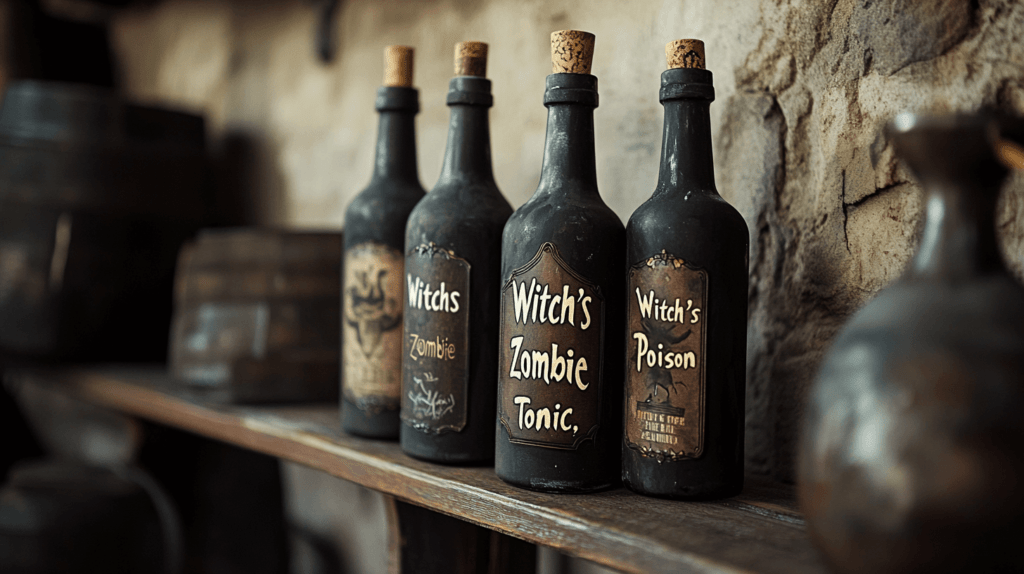 realistic photo of black spray-painted potion wine bottles with vintage-style labels like "Witch's Brew" and "Poison" and "Zombie Tonic," arranged on a wooden shelf