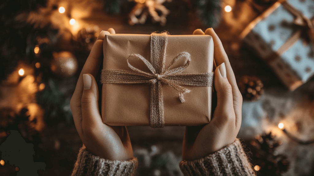 wrapped gift held in a person's hands wrapped in brown paper and ribbon