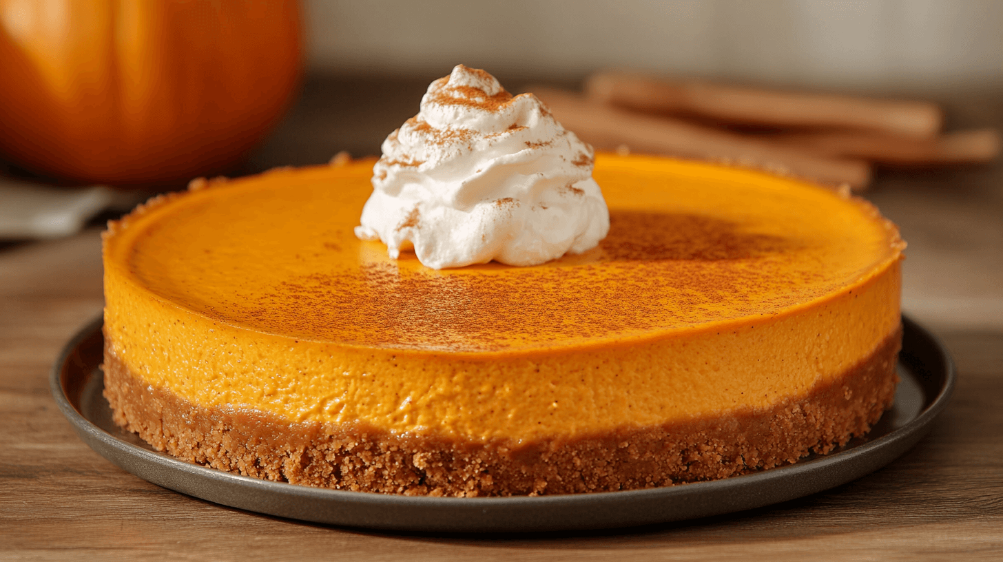 Realistic photo of a homemade pumpkin cheesecake on a wooden table, with a smooth orange filling and a golden-brown graham cracker crust, topped with a dollop of whipped cream and a sprinkle of cinnamon.