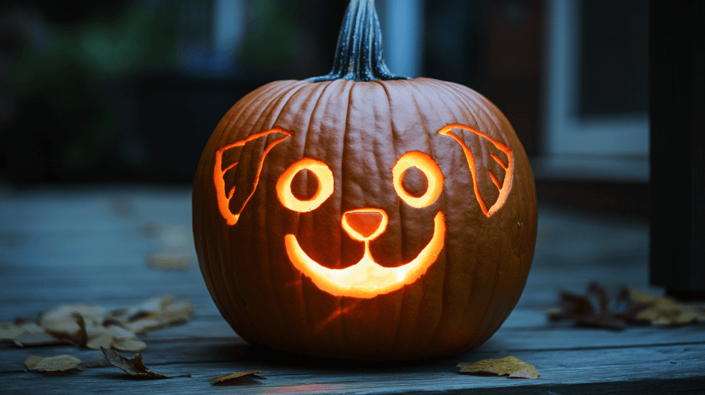 Realistic photo of a carved pumpkin with a cute puppy face, featuring large, round eyes, a small oval nose, and a carved mouth with a slight smile, lit from inside with a soft, warm glow, placed on a porch at dusk.