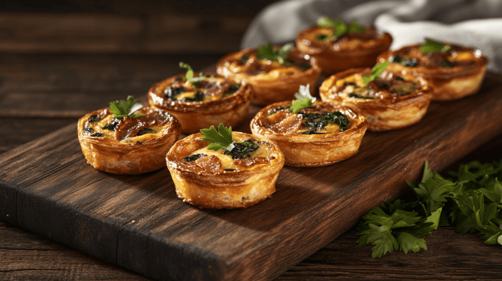 Realistic photo of golden-brown mini quiches with spinach and bacon, garnished with a few sprigs of fresh parsley, displayed on a rustic wooden serving board. Tea party finger foods.