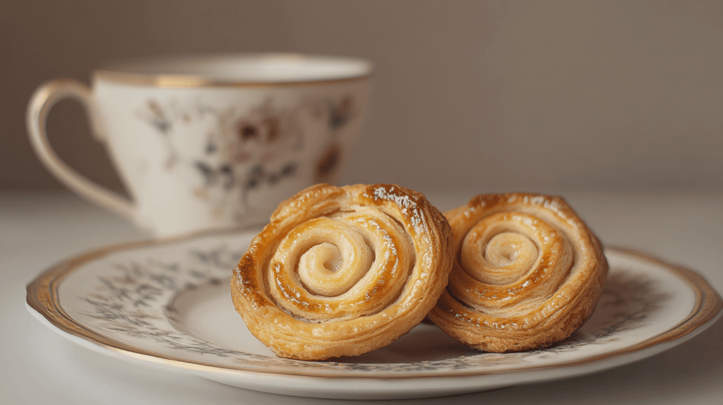 Realistic photo of a plate with three delicate, buttery palmiers, showcasing their spiral shape, served with a porcelain teacup and saucer in the background. Tea party finger foods.