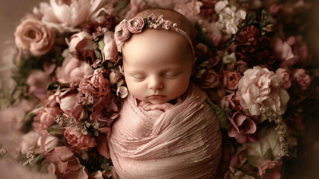 Infant girl with a flower crown on her head, asleep