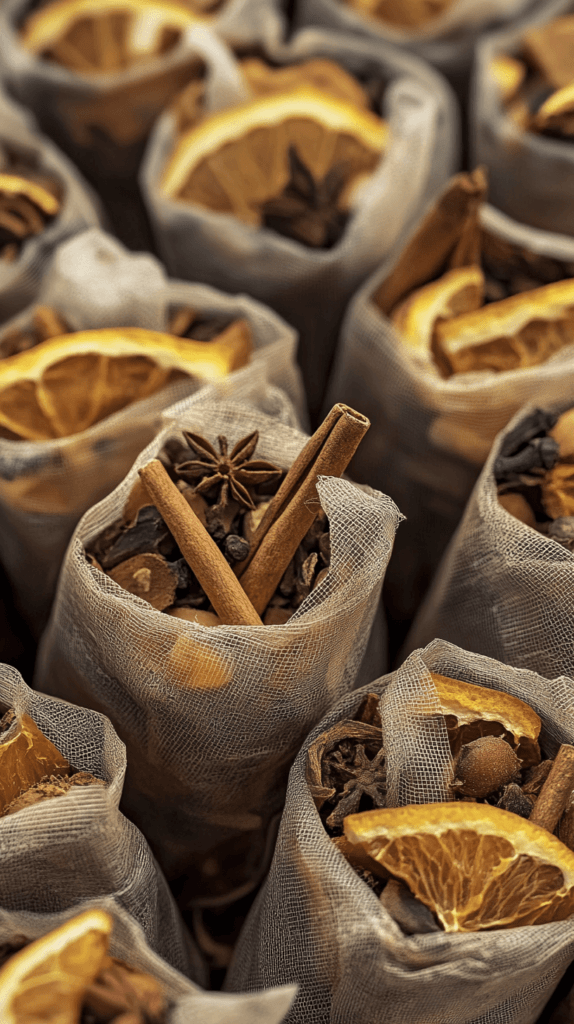 Realistic photo of small potpourri sachets filled with dried orange peel, cinnamon, and cloves; thanksgiving crafts