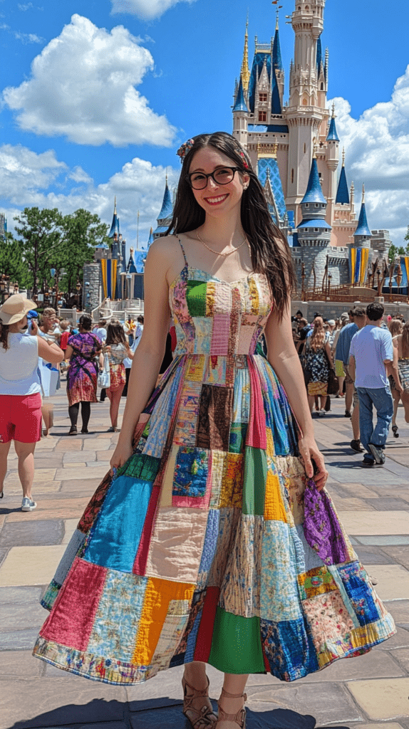 Realistic photo of a woman wearing a knee length patchwork dress, standing ar Disney World. 