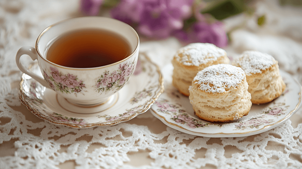 Realistic photo of a porcelain tea cup filled with tea, placed next to a small plate of mini scones topped with a light dusting of powdered sugar, on a vintage lace tablecloth with soft, natural lighting. Tea party finger foods.