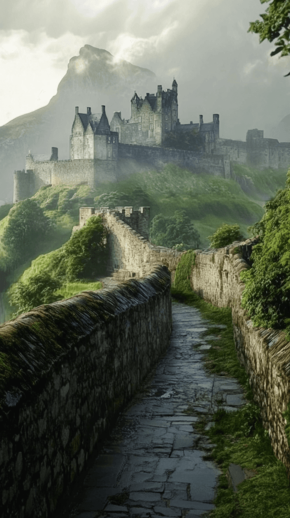 Realistic photo of Edinburgh Castle in Scotland on a misty day, with historic stone walls and rolling green hills in the background.