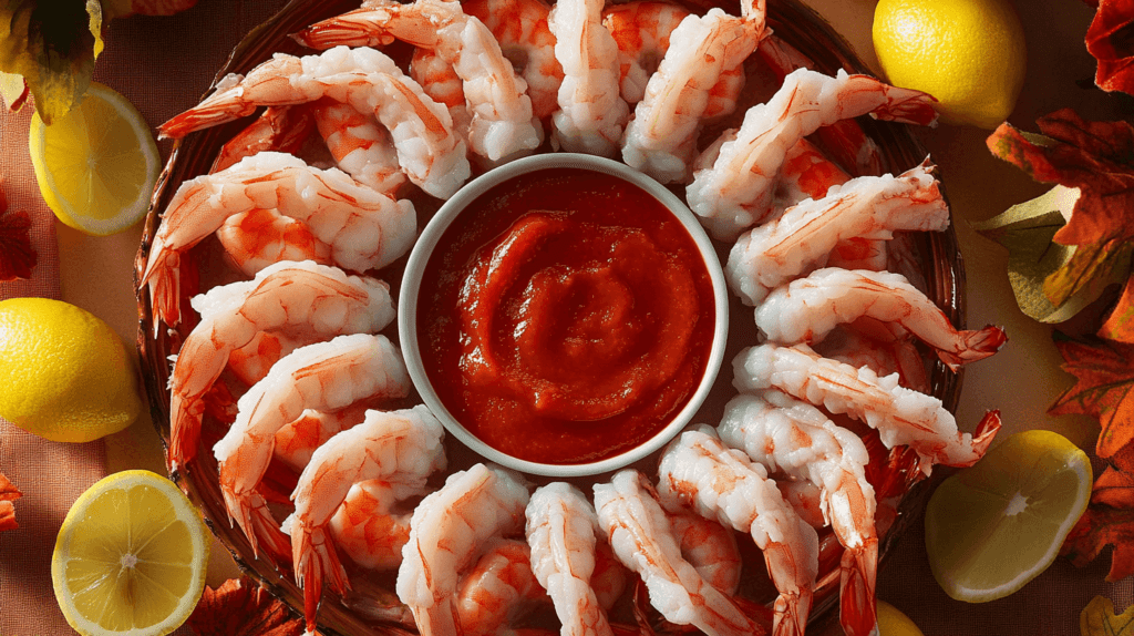 Realistic photo of a shrimp cocktail tray with shrimp arranged around a bowl of cocktail sauce and lemon wedges.

