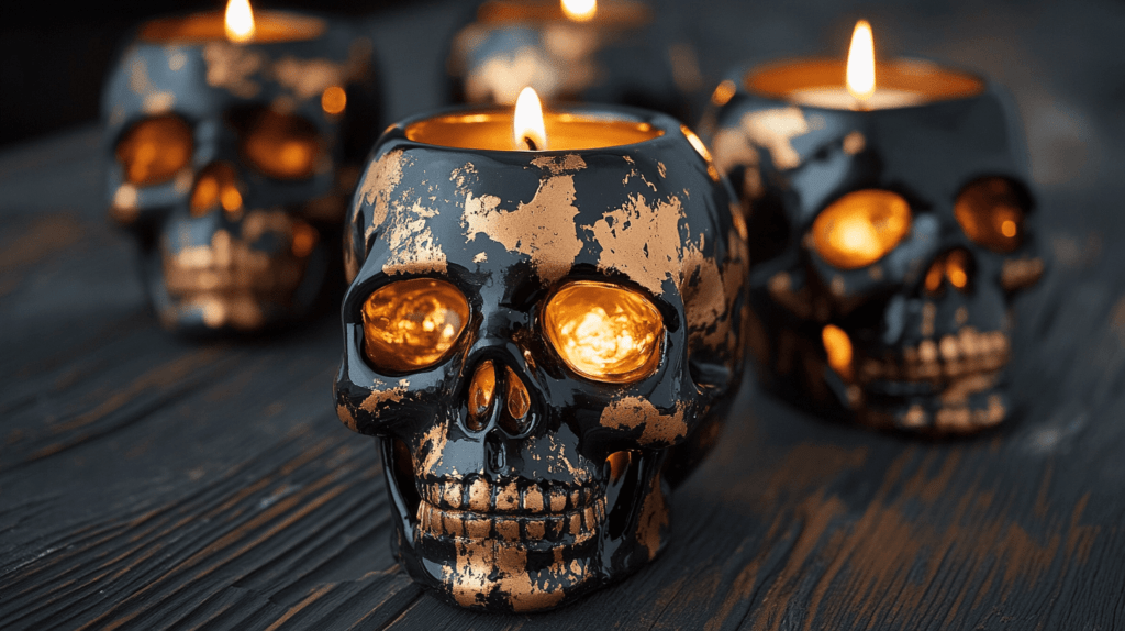 realistic photo of ceramic skull candle holders painted in metallic black and gold, with flickering candles placed inside, arranged on a dark wooden table with a soft, eerie glow