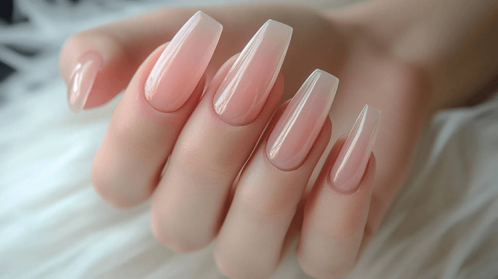 A soft pink manicure on a female hand with a simple, clean background.
