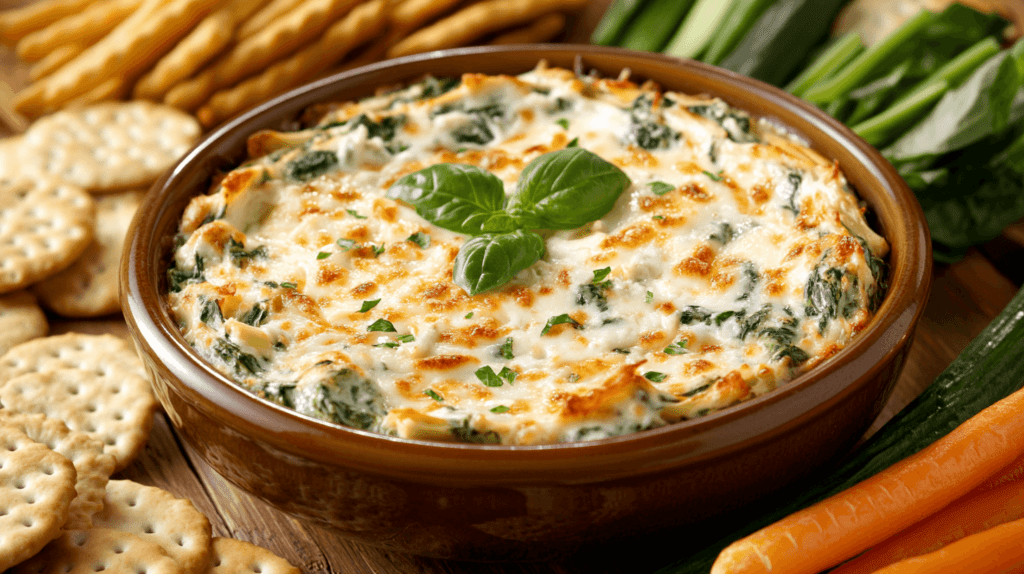 Realistic photo of a creamy spinach artichoke dip in a bowl, surrounded by crackers and fresh veggie sticks. thanksgiving appetizers

