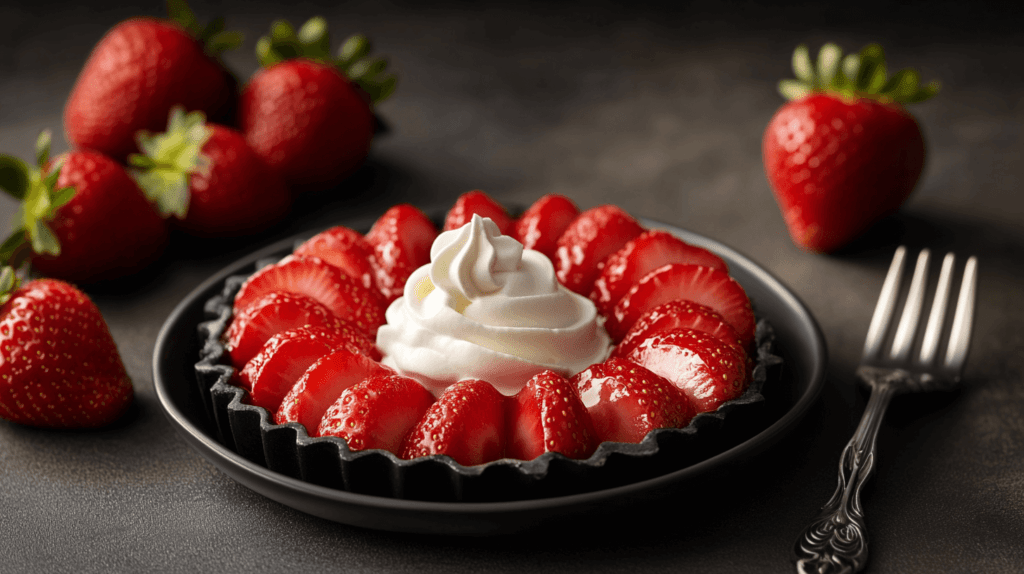 Realistic photo of a small dish of fresh strawberries with a dollop of whipped cream on the side, with a few whole strawberries and a silver fork placed nearby.