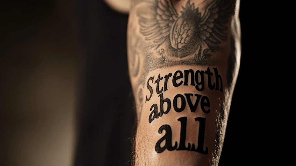 strength above all, tattoo on man's arm