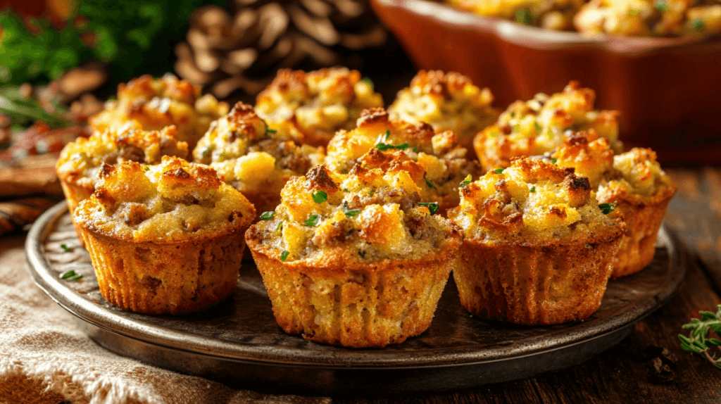 Realistic photo of stuffing muffins on a platter, each with a golden, crispy top.

Thanksgiving appetizers