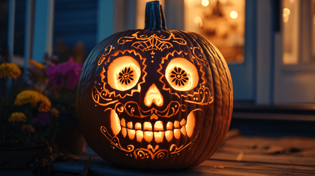 sugar skull design carved into a pumpkin