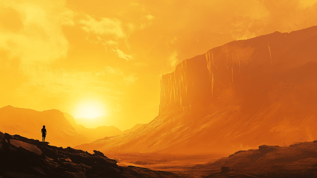 Realistic photo of a mountain range during golden hour, with a person standing in the foreground, appearing small against the massive landscape and admiring the scenery.

