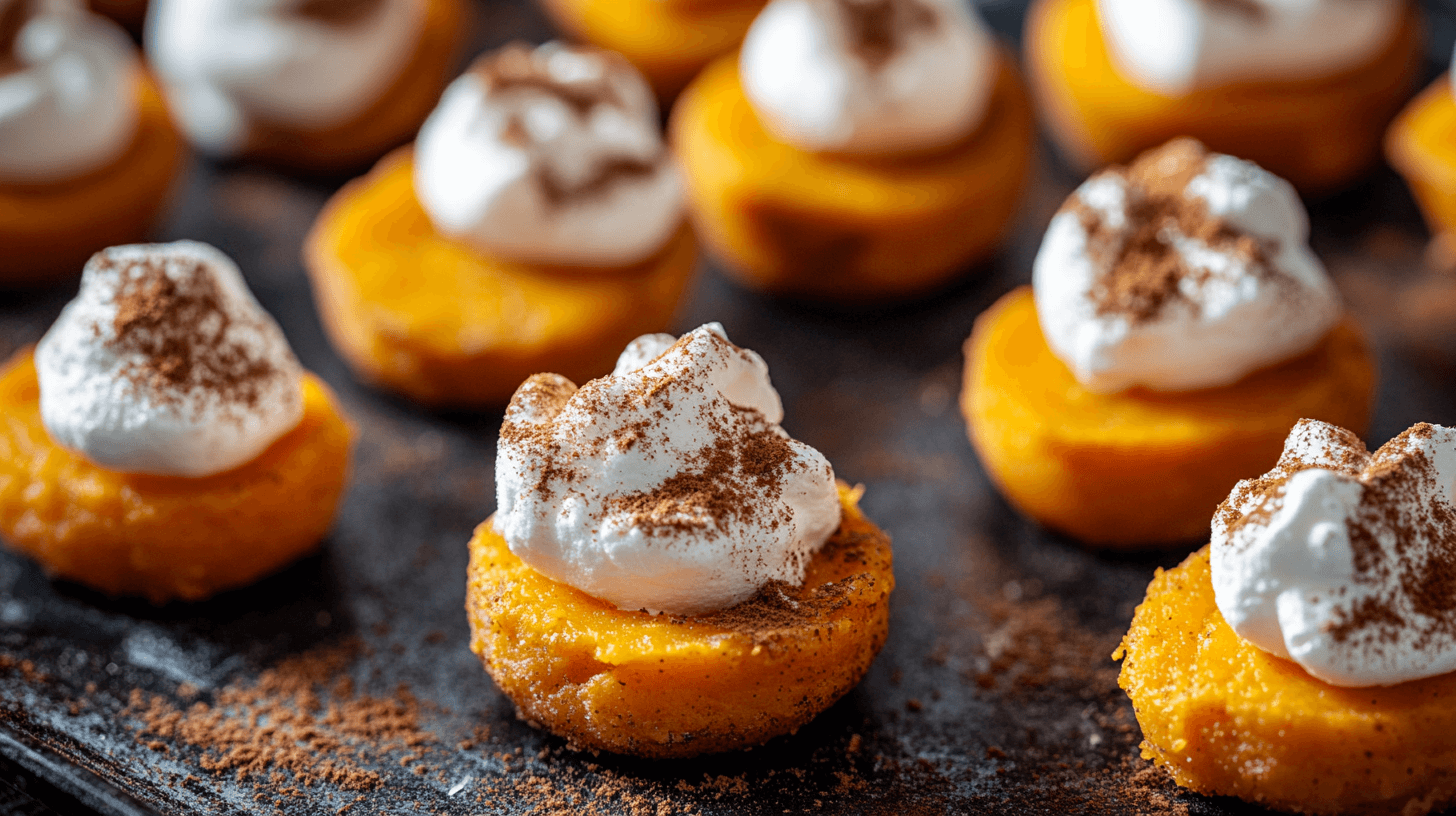 Realistic photo of mini sweet potato bites with marshmallow fluff topping, sprinkled lightly with cinnamon. Thanksgiving appetizers