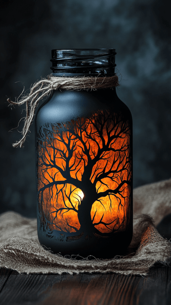 realistic photo of a glass jar lantern painted matte black with a stenciled haunted tree design, softly glowing from a battery-operated candle inside, placed on a dark wooden table with twine wrapped around the top 