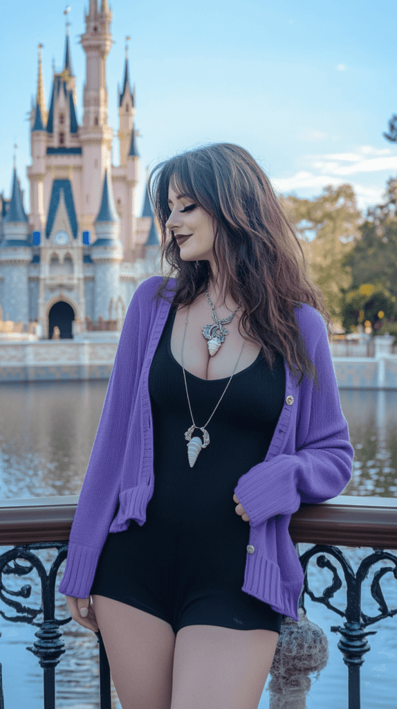 photo of a casual Disney bound outfit inspired by Ursula, featuring a woman in a short black dress with a purple cardigan, silver seashell jewelry, and bold makeup, standing near the water in front of Disney's iconic castle, with the castle subtly blurred in the background to highlight the outfit's sea witch-inspired style.