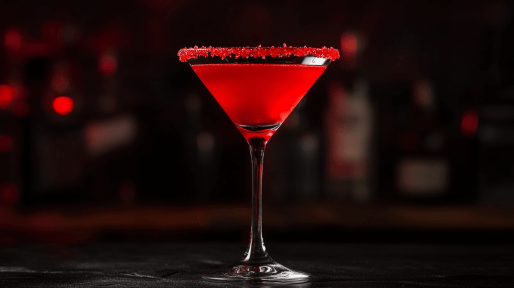 Realistic photo of a Vampire’s Kiss martini, with red sugar-rimmed glass and a bright red drink inside, served in a martini glass. Halloween cocktails. 